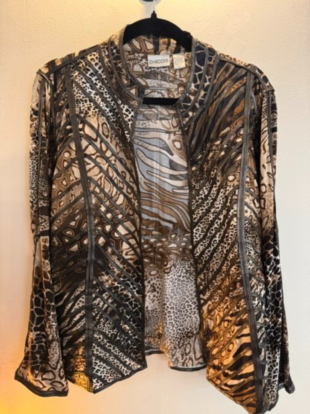 Chicos Top Womens Size 2 Open Blazer Boho Multimedia Leopard Lightweight